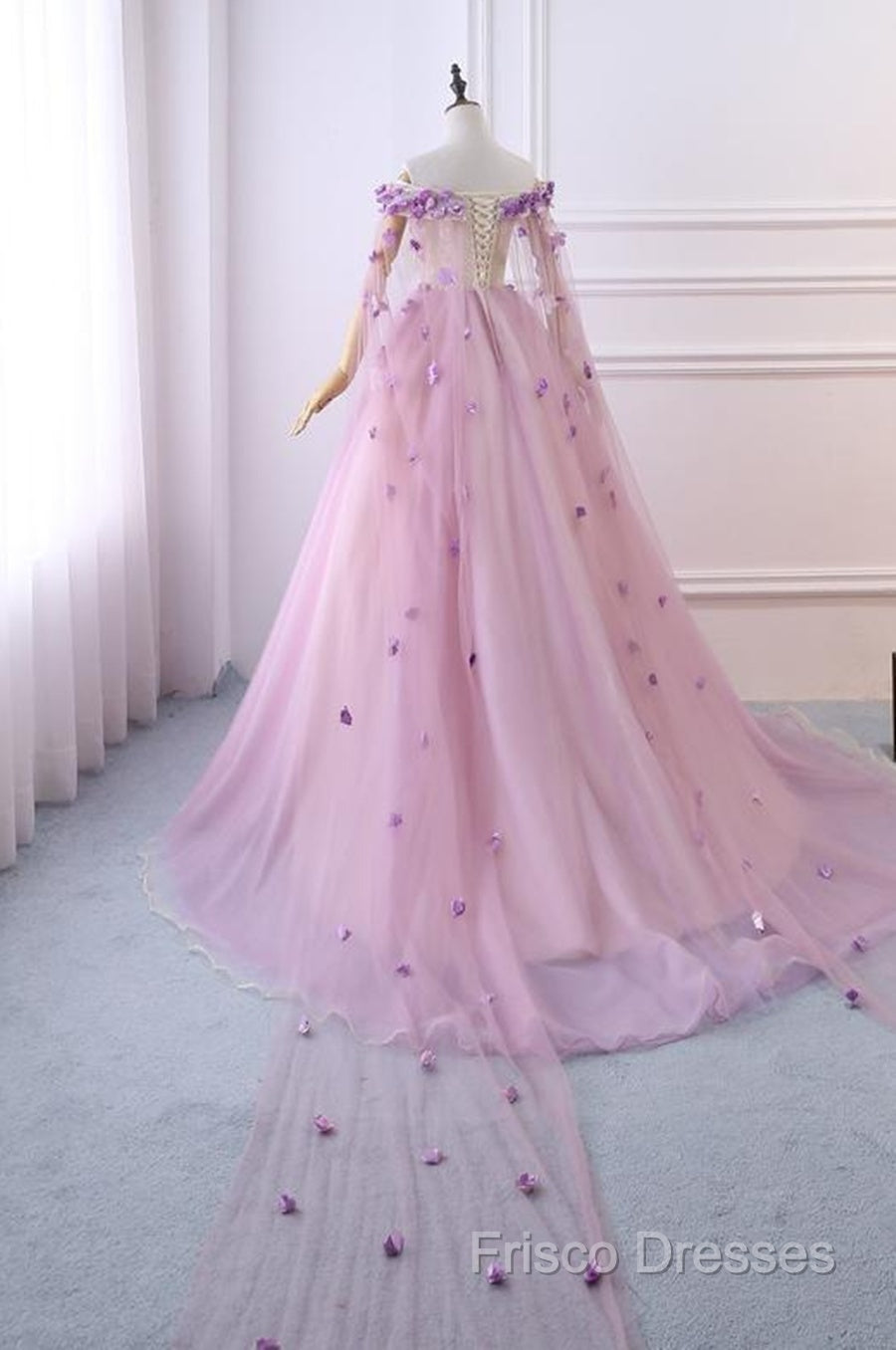 Gorgeous Tulle Off Shoulder Flowers Lace-Up Long Formal Dress, Pink Formal Prom Dress