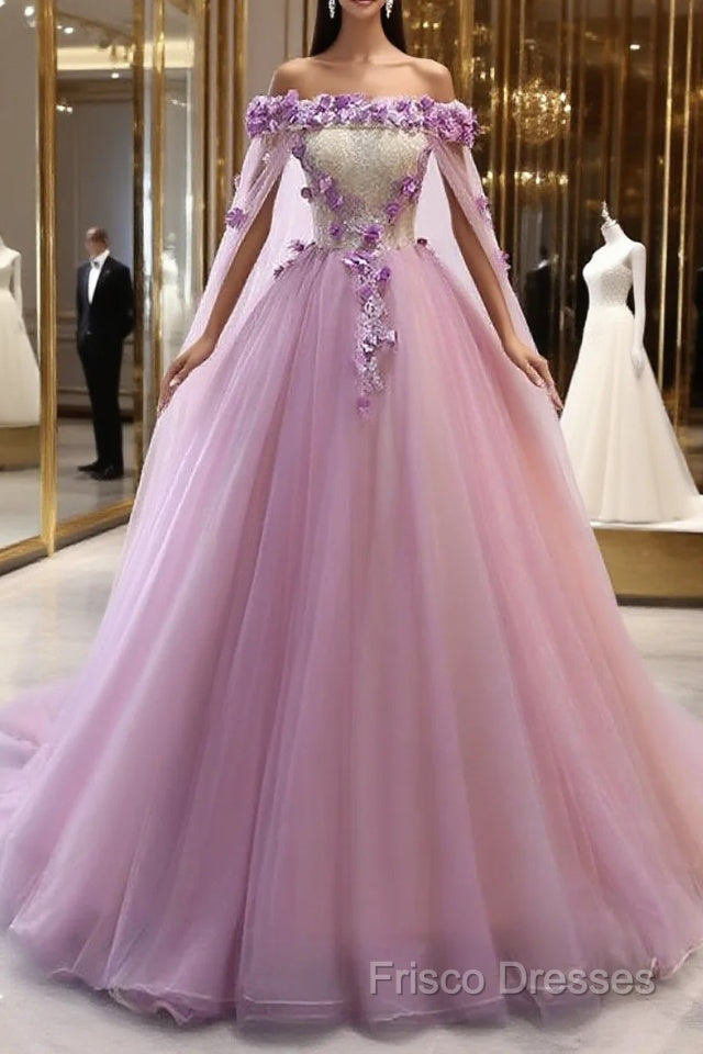 Gorgeous Tulle Off Shoulder Flowers Lace-Up Long Formal Dress, Pink Formal Prom Dress