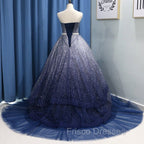 Gorgeous Tulle Strapless Beaded Long Layered Evening Dress, Blue Formal Dress Formal Prom Dress