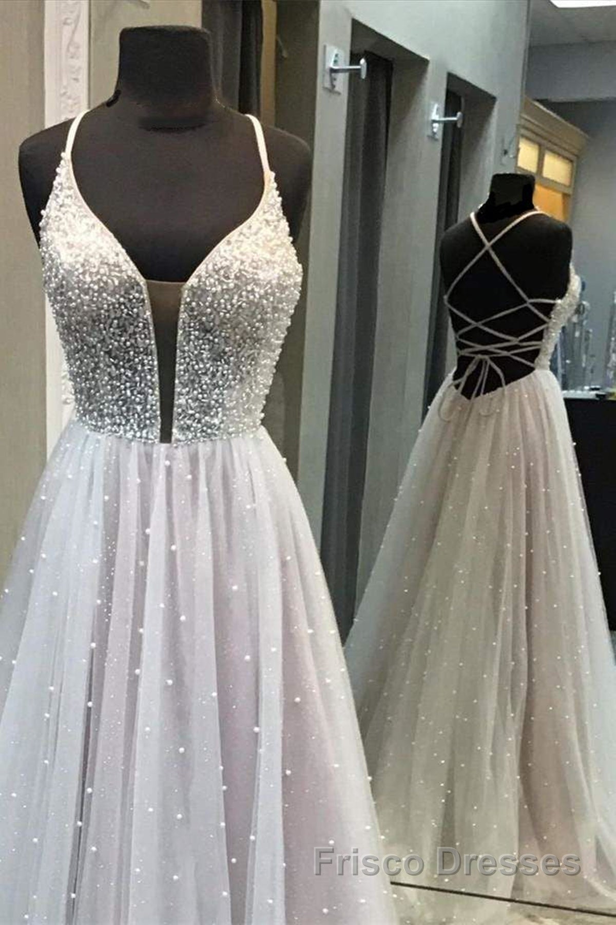 Gorgeous V Neck Backless Beaded Gray Tulle Long Formal Prom Dresses, Backless Grey Formal Graduation Evening Dresses Secondary image