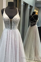 Gorgeous V Neck Backless Beaded Gray Tulle Long Formal Prom Dresses, Backless Grey Formal Graduation Evening Dresses