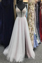 Gorgeous V Neck Backless Beaded Gray Tulle Long Formal Prom Dresses, Backless Grey Formal Graduation Evening Dresses