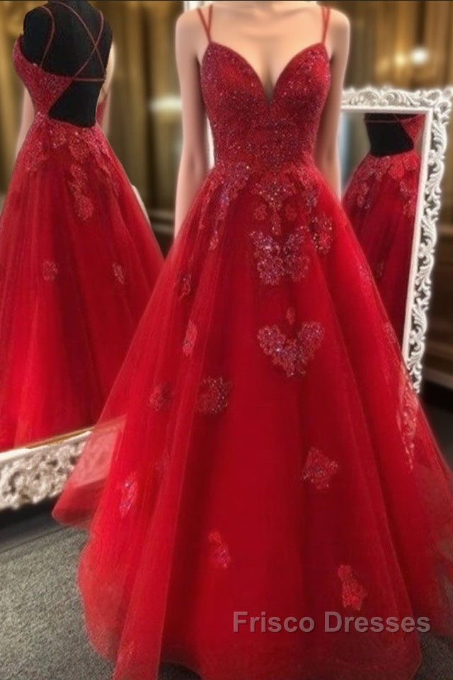 Gorgeous V Neck Backless Red Lace Appliques Formal Prom Dress Main image