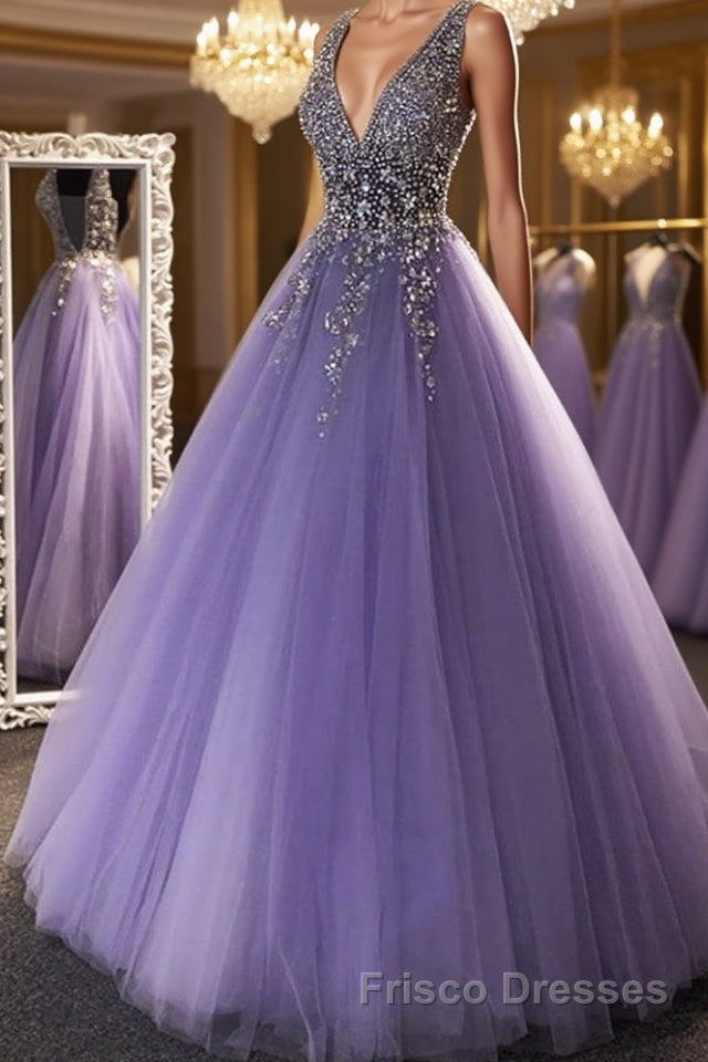 Gorgeous V Neck Beaded Purple Tulle Long Formal Prom Dresses, V Neck Purple Formal Evening Dresses, Purple Ball Gown