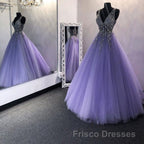 Gorgeous V Neck Beaded Purple Tulle Long Formal Prom Dresses, V Neck Purple Formal Evening Dresses, Purple Ball Gown