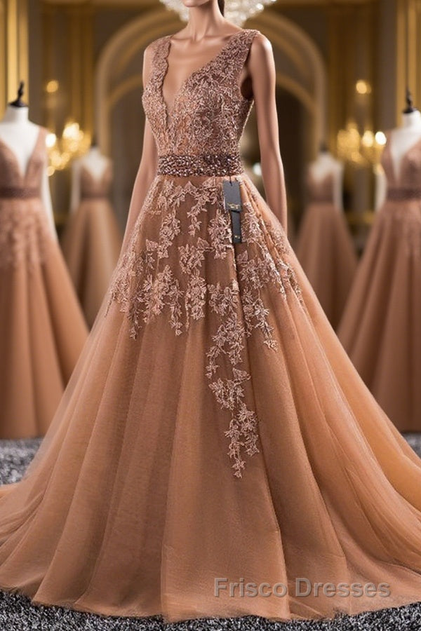 Gorgeous V Neck Champagne Lace Long Formal Prom Dresses, Champagne Lace Formal Graduation Evening Dresses Main image