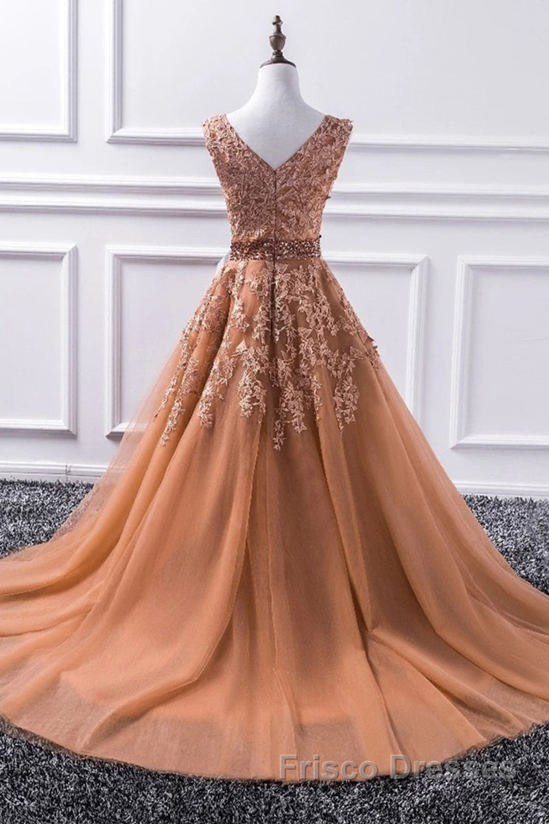 Gorgeous V Neck Champagne Lace Long Formal Prom Dresses, Champagne Lace Formal Graduation Evening Dresses Secondary image