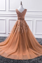 Gorgeous V Neck Champagne Lace Long Formal Prom Dresses, Champagne Lace Formal Graduation Evening Dresses