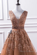Gorgeous V Neck Champagne Lace Long Formal Prom Dresses, Champagne Lace Formal Graduation Evening Dresses