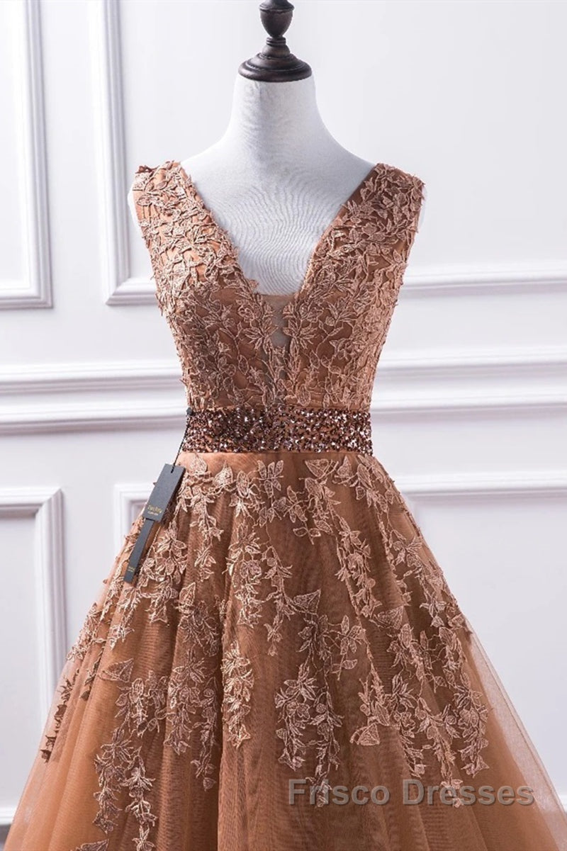 Gorgeous V Neck Champagne Lace Long Formal Prom Dresses, Champagne Lace Formal Graduation Evening Dresses
