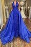 Gorgeous V Neck Mermaid Blue Sequins Long Formal Prom Dresses, Mermaid Blue Formal Dresses, Blue Evening Dresses