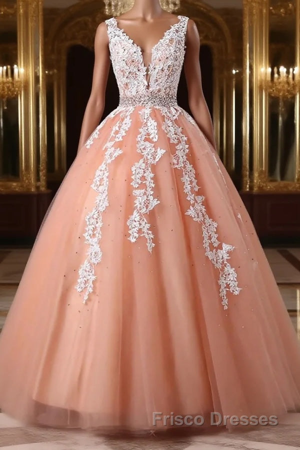 Gorgeous V Neck Open Back Coral Lace Floral Long Formal Prom Dresses, Coral Lace Formal Dresses, Coral Evening Dresses with Appliques Main image