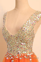 Gorgeous V Neck Open Back Orange Short Formal Prom Homecoming Dresses, Short Orange Formal Evening Dresses
