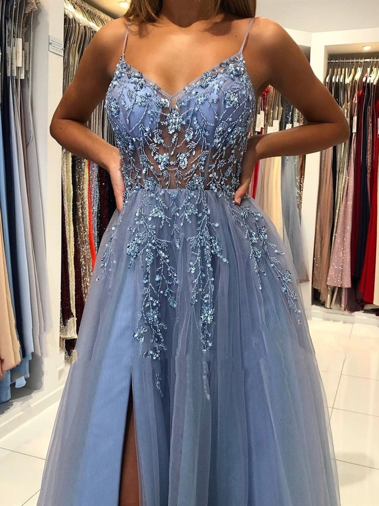 Gorgeous V Neck Open Back Smoky Gray Beaded Long Prom Dresses, High Slit Smoky Grey Long Formal Evening Dresses