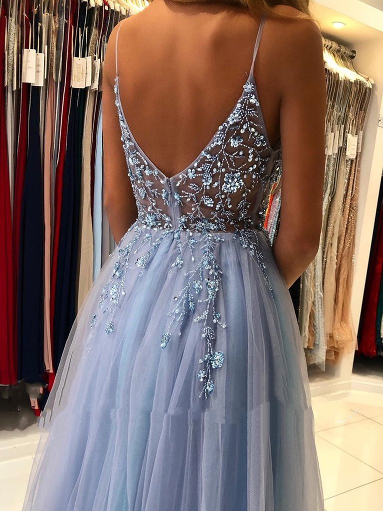 Gorgeous V Neck Open Back Smoky Gray Beaded Long Prom Dresses, High Slit Smoky Grey Long Formal Evening Dresses