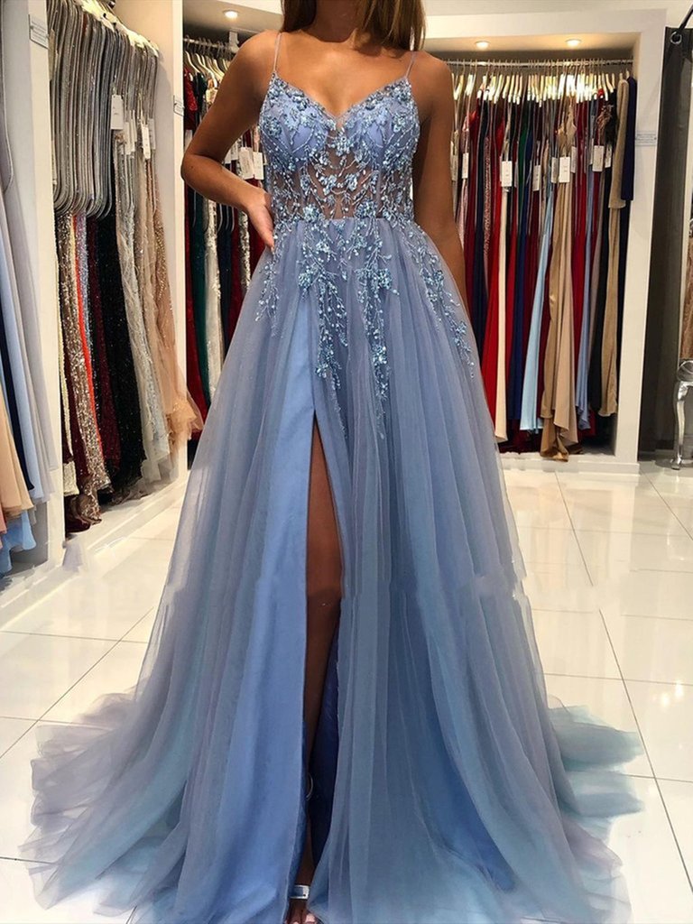 Gorgeous V Neck Open Back Smoky Gray Beaded Long Prom Dresses, High Slit Smoky Grey Long Formal Evening Dresses Main image
