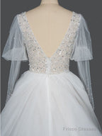 Gorgeous V-Neck Shinny Sequins A-Line Wedding Dress Sheer Sleeves,