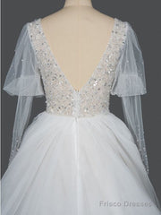 Gorgeous V-Neck Shinny Sequins A-Line Wedding Dress Sheer Sleeves,
