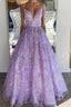 Gorgeous V Neck Thin Straps Purple Long Formal Prom Dresses, V Neck Purple Formal Evening Dresses, Purple Ball Gown