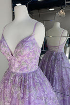 Gorgeous V Neck Thin Straps Purple Long Formal Prom Dresses, V Neck Purple Formal Evening Dresses, Purple Ball Gown