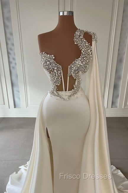 Gorgeous White A-line One Shoulder Graduation Dress Long Glitter Formal Prom Dress With Split Online Secondary image