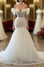Gorgeous White Long Mermaid Off the Shoulder Tulle Wedding Dress