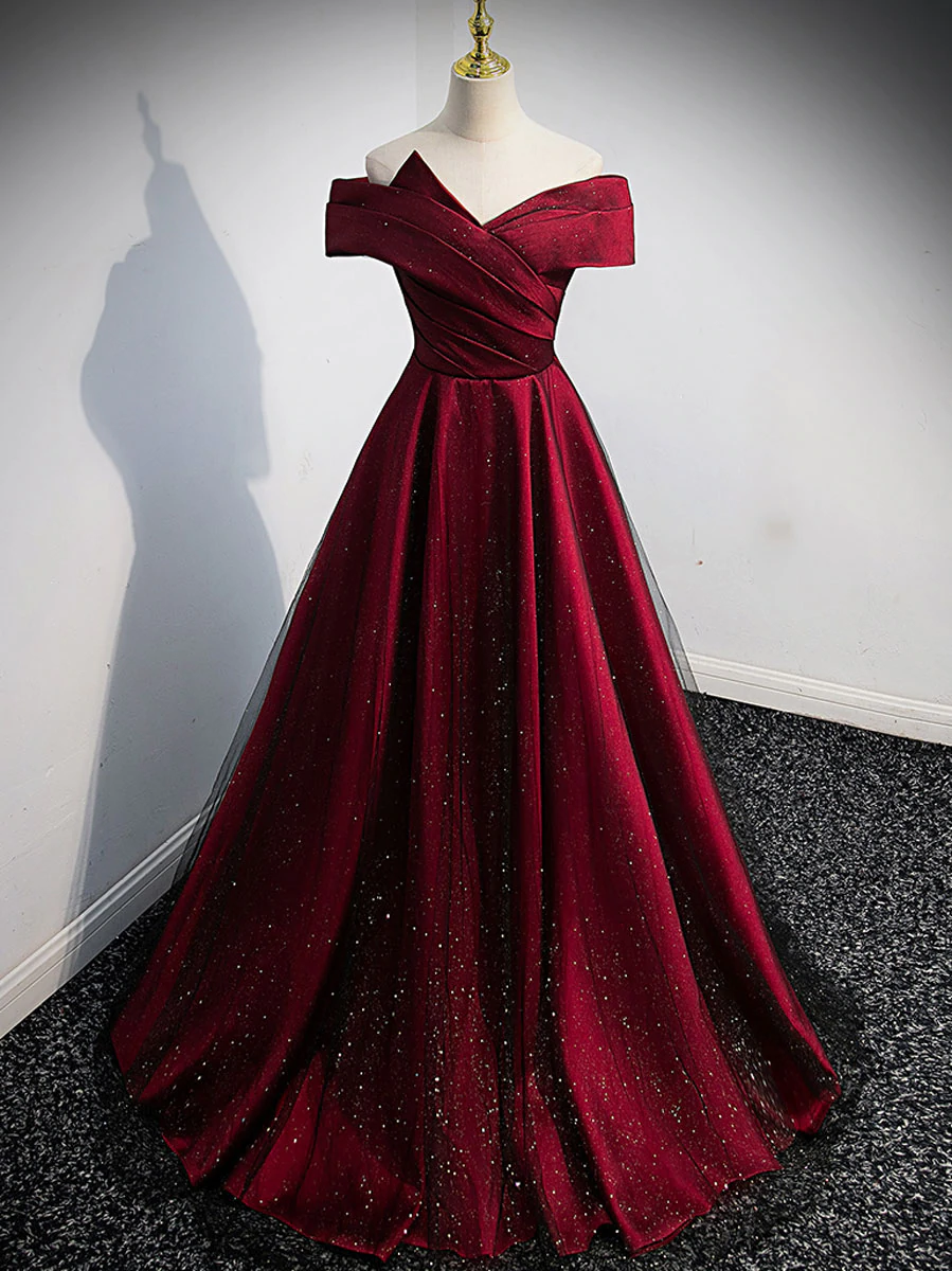 Gorgeous Wine Red Satin Off Shoulder Party Dress , Beautiful Wine Red Prom Dresses Main image