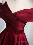 Gorgeous Wine Red Satin Off Shoulder Party Dress , Beautiful Wine Red Formal Prom Dress