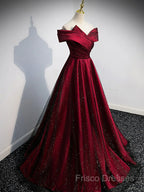 Gorgeous Wine Red Satin Off Shoulder Party Dress , Beautiful Wine Red Formal Prom Dress