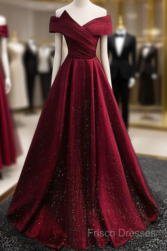 Gorgeous Wine Red Satin Off Shoulder Party Dress , Beautiful Wine Red Formal Prom Dress