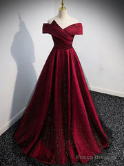 Gorgeous Wine Red Satin Off Shoulder Party Dress , Beautiful Wine Red Prom Dresses