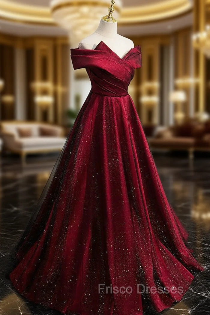 Gorgeous Wine Red Satin Off Shoulder Party Dress , Wine Red Formal Prom Dress Main image