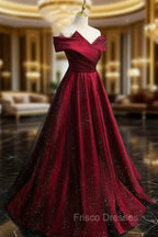 Gorgeous Wine Red Satin Off Shoulder Party Dress , Wine Red Formal Prom Dress