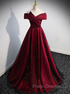Gorgeous Wine Red Satin Off Shoulder Party Dress , Wine Red Formal Prom Dress