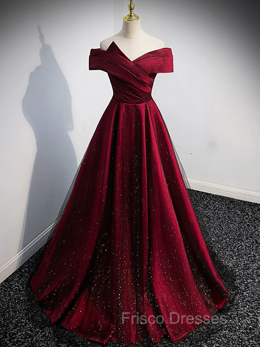 Gorgeous Wine Red Satin Off Shoulder Party Dress , Wine Red Formal Prom Dress