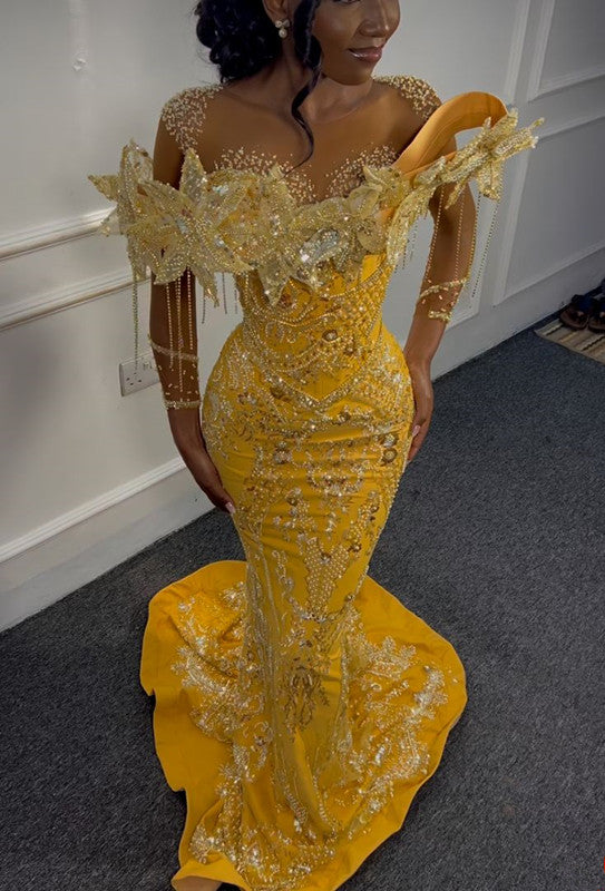 Gorgeous Yellow Beaded Mermaid Evening Dress Long Prom Dress Main image