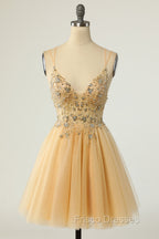 Gorgeous Yellow Homecoming Dress A Line Spaghetti Straps Short Formal Prom Dress with Beading