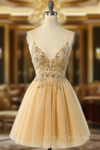 Gorgeous Yellow Homecoming Dress A Line Spaghetti Straps Short Formal Prom Dress with Beading