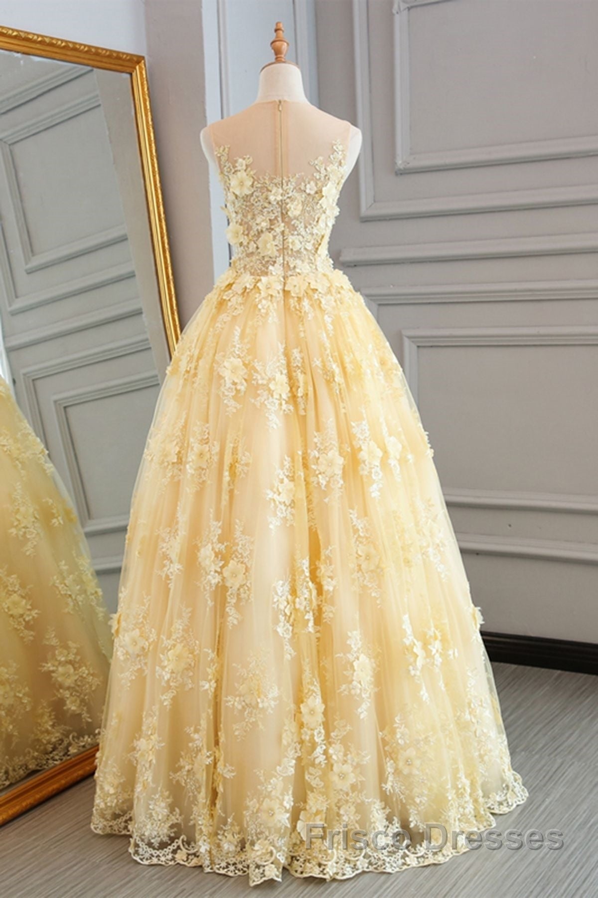 Gorgeous Yellow Lace Appliques Long Formal Prom Dresses, Yellow Lace Formal Dresses, Yellow Evening Dresses