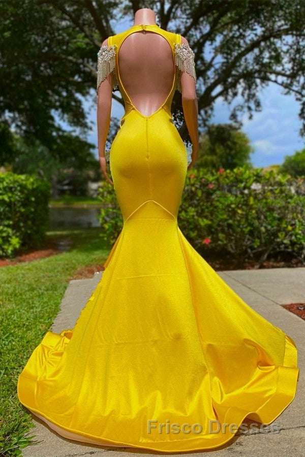 Gorgeous Yellow Long Mermaid Tassel Off the Shoulder Satin Backless Formal Prom Dress with Ruffles Secondary image