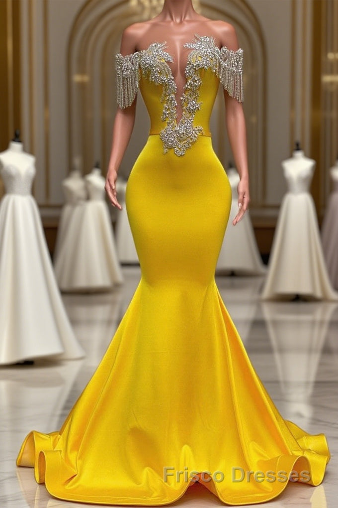 Gorgeous Yellow Long Mermaid Tassel Off the Shoulder Satin Backless Formal Prom Dress with Ruffles Main image