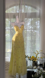 Gorgeous Butter Yellow Spaghetti Straps A-Line Tulle Beaded Long Prom Dresses Backless Evening Gowns
