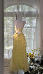 Gorgeous Butter Yellow Spaghetti Straps A-Line Tulle Beaded Long Prom Dresses Backless Evening Gowns