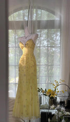 Gorgeous Butter Yellow Spaghetti Straps A-Line Tulle Beaded Long Prom Dresses Backless Evening Gowns