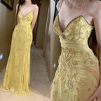 Gorgeous Butter Yellow Spaghetti Straps A-Line Tulle Beaded Long Prom Dresses Backless Evening Gowns