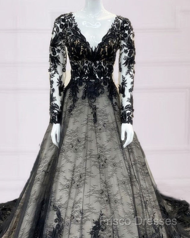 Gothic Black Lace Wedding Dress Long Sleeves