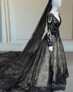 Gothic Black Lace Wedding Dress Long Sleeves
