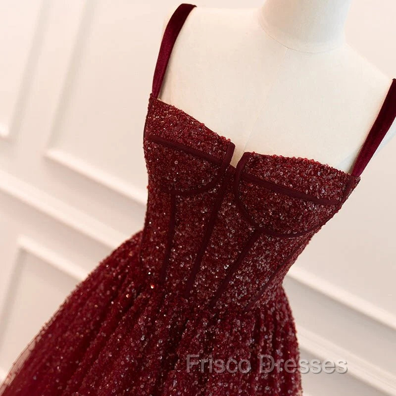 Gothic Burgundy Spaghetti Straps Sequins Beaded Formal Prom Dress Tulle Party Evening Dress Secondary image