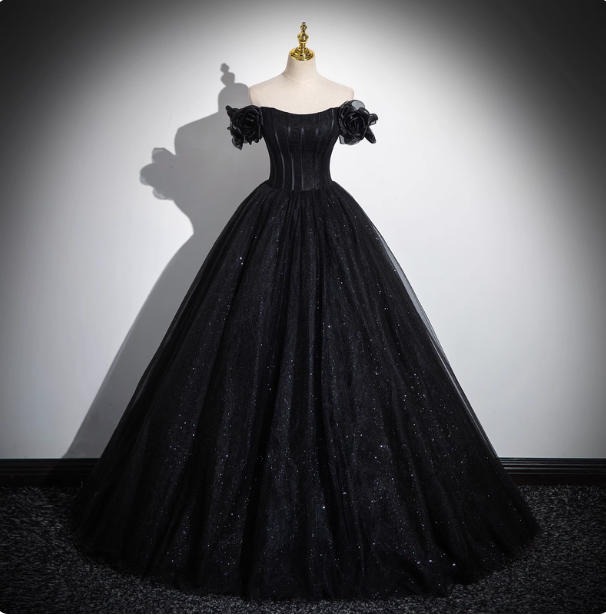 Gothic Court Black Off-The-Shoulder Shimmer Tulle Ball Gown Evening Dress Sweet 16 Dress Secondary image