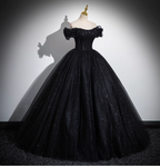 Gothic Court Black Off-The-Shoulder Shimmer Tulle Ball Gown Evening Dress Sweet 16 Dress
